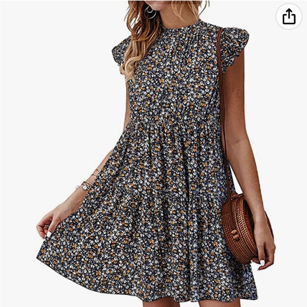 KIRUNDO Women's Sleeveless Ruffle Sleeve Round Neck Short Flowy Mini Dress